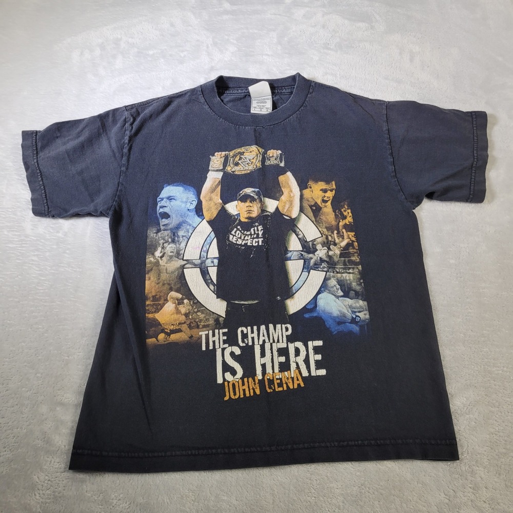 Alstyle John Cena T-Shirt Kids Large Black‎ The Champ Is Here WWE Wrestling